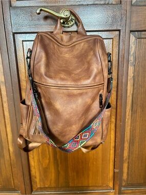 Brown Faux Leather Backpack with Multicolor Strap